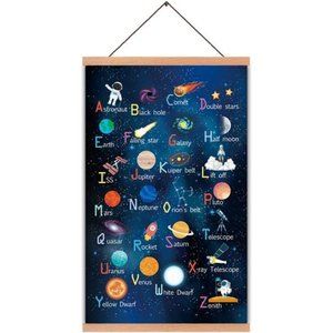 Outer Space Room Decor With Wood Magnetic Poster Hanger Framed ABC Alphabet